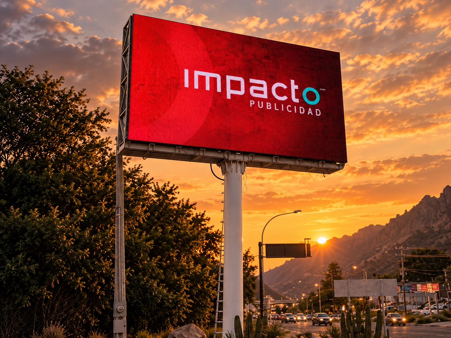 Pantalla LED de Impacto Publicidad encendida al atardecer en Guaymas